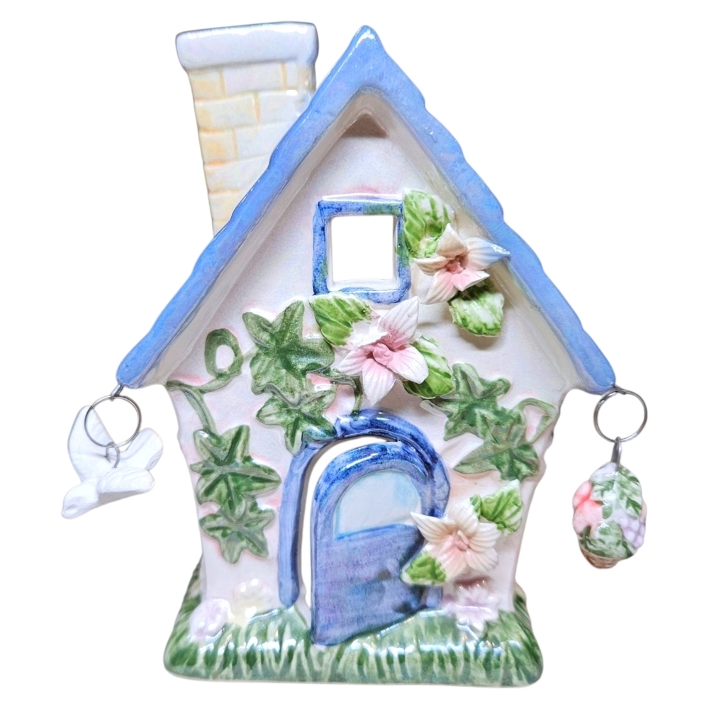 VTG Cottagecore Ceramic Candle Holder Treasured Times Hanging Basket & Bird READ